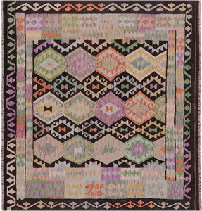 6' 2" X 6' 8" Square Kilim Flat Weave Wool On Wool Reversible Rug - Q18030 - Picture 1 of 8