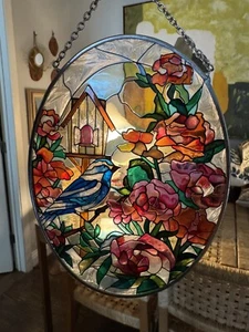 AMIA Oval Suncatcher with a Bluebird Birdhouse and flowers Glass Beautiful Piece - Picture 1 of 10
