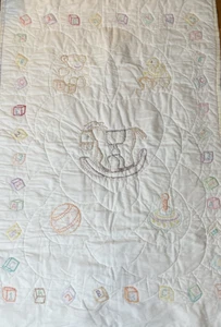 Baby Quilt Cross Stitch Rocking Horse Toys Blocks Hearts Handmade 36.5 x 54.5" - Picture 1 of 13