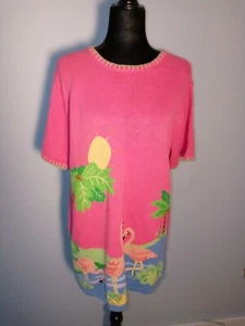 Quacker Factory Large Women's Sweater Tunic Pink Flamingos Embroidered Applique  - Picture 1 of 8