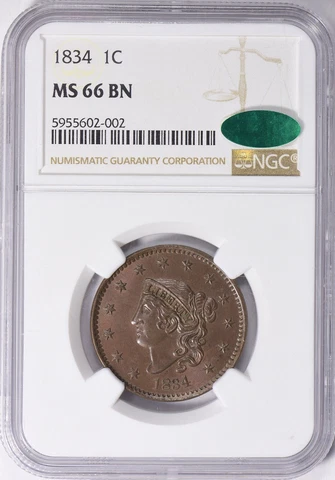 1834 Coronet Head Large 8 Small Stars, Medium Date Large Cent - NGC MS 66 BN CAC Cover