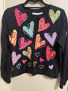 Michael Simon Lite Sweater Size M Black Hearts Cardigan Valentine's Artsy - Picture 1 of 3