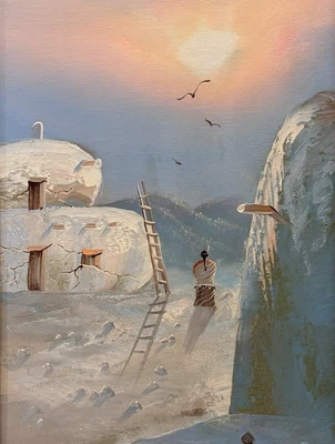 Pintura original firmada, Southwest Adobe Homes Sunset, K. Mescal óleo sobre lienzo Foto 1 de 4