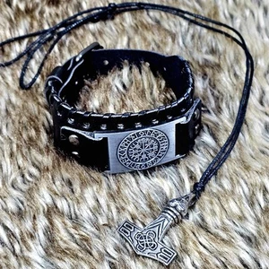 Viking KELTEN Schmuckset THOR'S Hammer & VEGVISIR Schutz RUNEN Armband  - Picture 1 of 1