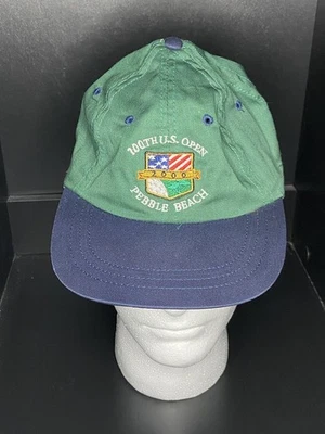 复古 罕见 2000 年 100 美国公开赛 卵石滩 高尔夫帽 绿色 蓝色 背带 美国 — 第 1/4 张图片
