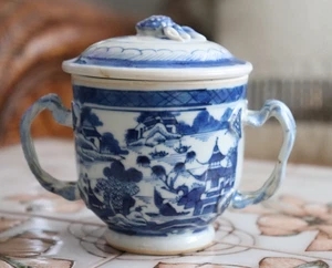 Antiguo azucarero cantón azul blanco exportación china siglo XIX con tapa  - Imagen 1 de 17