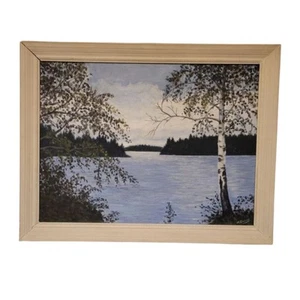Framed Landscape Oil Painting Lake Scene With Trees And Water 16x20 21x27 - Picture 1 of 10