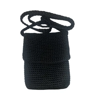 Bolso Bandolera Vintage THE SAK Pequeño Negro Plegable Solapa Crochet Foto 1 de 3