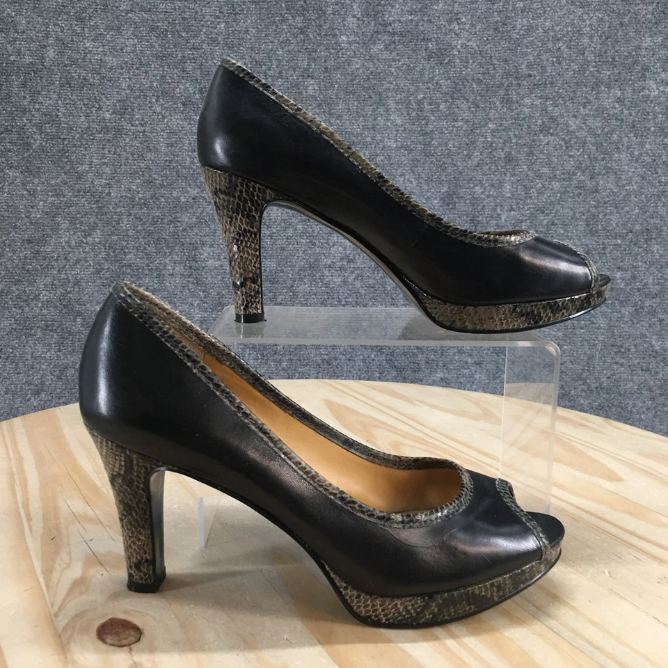 Nine West Shoes Womens 6.5M Black Chassy Slip On Peep Toe Snake Print Leather - Image 1 of 4