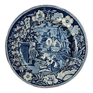 Antique Staffordshire Blue Transfer Plate Fisherman Series - Picture 1 of 8