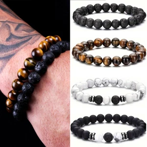 Brazalete de 4 piezas de cuentas para hombre Brazalete de obsidiana ojo de tigre natural elástico energético - Imagen 1 de 7