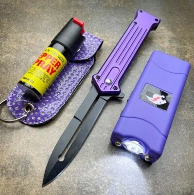 STINGTEC Self Defense Tactical Stun Gun Flashlight + Pocket Knife + Pepper Spray Purple