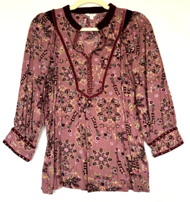 MONSOON Tunic Top Medium Pink Burgundy Floral Velvet Trim Sequins - Image 1 of 4