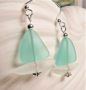 SAILBOAT sea glass nautical jewelry soft AUTUMN GREEN sail CRYSTAL hull earrings - Picture 1 of 4