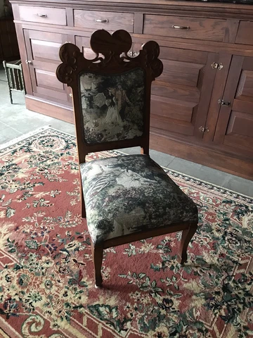 ANTIQUE VTG CARVED WOOD TAPESTRY UPHOLSTERED CHAIR 39 1/4 X 19 3/4 X 20 7/8 DEEP Cover