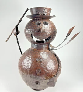 Hammered Metal Snowman Rustic Bronze 14 inch Top Hat Scarf Hold Votive Candle - Imagen 1 de 17
