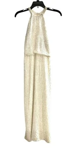 Maxi Vestido Parker Marfil Con Cuentas Lentejuelas Halter Cerradura Espalda Formal Talla S - Imagen 1 de 6