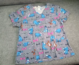 Disney Tiger And Eeyore Gray/Pink V-Neck Medical Scrub Top Women's Medium - Picture 1 of 9