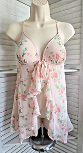 Gillian & Omalley Sheer Floral Open Front Padded Top Ruffled Babydoll Lingerie M - Picture 1 of 19