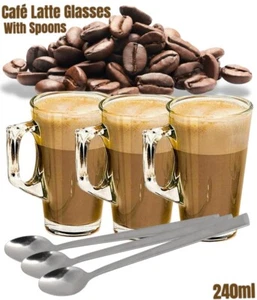 4/6 Latte Coffee Glasses Cappuccino Lattes Tea Glass Cups Hot Drink Mugs+ Spoons - Picture 1 of 16