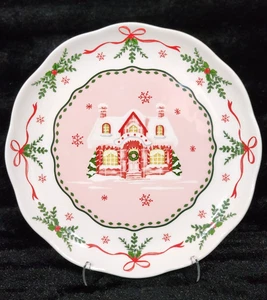 4 CHRISTMAS HOUSE PINK DINNER Plates 10.5" Ceramic Bows Home Snow HTF GORGEOUS - Picture 1 of 12