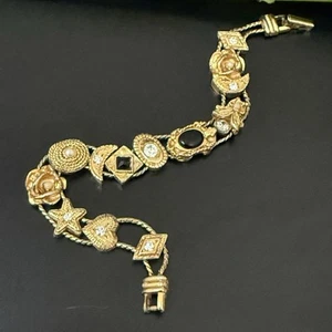 Vintage unsigniertes goldfarbenes viktorianisches Revival Cabochon Stern Fliege Schieber Armband - Bild 1 von 22