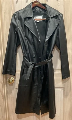 Vintage Charles Klein Double Breasted Belted Women’s Black Leather Trench Coat L - Image 1 of 4