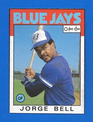 1986 TOPPS OPC A GEORGE BELL  BOX BOTTOM BLUE JAYS JORGE O PEE CHEE HAND CUT - Image 1 of 2