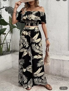 2 Piece Island Resort Wear Tropical Floral Set Wide Pant Crop Top Off Shoulder - Bild 1 von 6