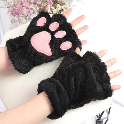 Damen Handschuhe Winter Plüsch Verdickt Katze Klaue Bärentatze Halbfinger Warm - Bild 1 von 4