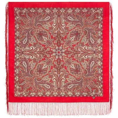 Midday Red Pavlovo Posad Wool Shawl with Silk Fringe 35x35" Russian Shawl 2062-5 - Image 1 of 4