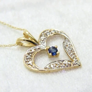 9ct 9k Gold Natural Sapphire & Diamond Heart Pendant Chain - Picture 1 of 5