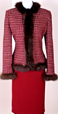 ST.JOHN Mujer Tejido Rojo Borgoña Metálico Plateado Piel Ribete Chaqueta Falda Talla 2 Foto 1 de 4