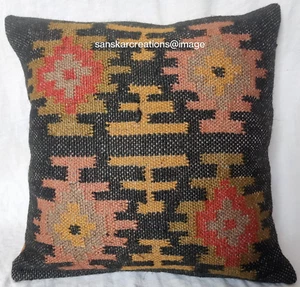 100* Natural Jute Black Kilim Cushion Cover Handmade Throw 18x18" Pillow Case - Picture 1 of 5