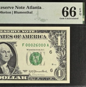 1977 $1 Federal Reserve Note PMG 66EPQ - Birthday Fancy Serial Number 00026000 - Picture 1 of 3