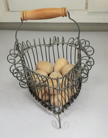 Vtg French Heart Wooden Handle Wired Basket W A Dozen Wooden Eggs Cover