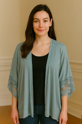 Cárdigan kimono hippie Lauren Conrad transparente talla única verde azulado con ribete de encaje frente abierto Foto 1 de 4