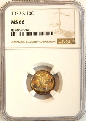 1937 S Mercury Silver Dime Monster Rainbow Toning MS 66 NGC 10C US COIN - Image 1 of 4