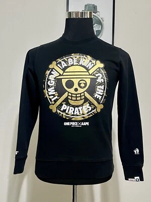 AAPE X One Piece - Pequeño - Negro Algodón Cuello Redondo Suéter Sombrero de Paja Logo Foto 1 de 4