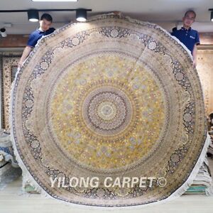 Yellow Round Silk Area Rug Handmade Carpet 10x10ft Bedroom Handwoven TJ157A