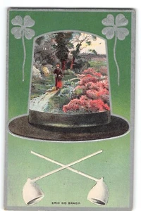 Cartolina Erin Go Bragh 1916 Trifoglio Verde Pipe Argilla Scena Giorno di San Patrizio - Foto 1 di 2