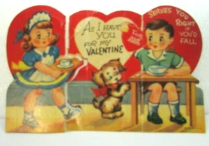 1950s Vintage Valentine Card Die Cut Heart Child Foldout Boy Girl Dog waitress - Picture 1 of 5
