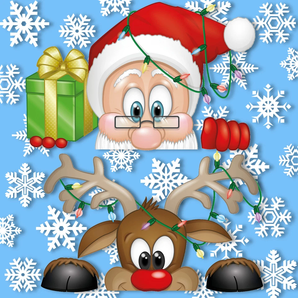 ARTICLINGS Peeping Santa & Rudolph Static Window Clings 28 Snowflakes Stickers Christmas
