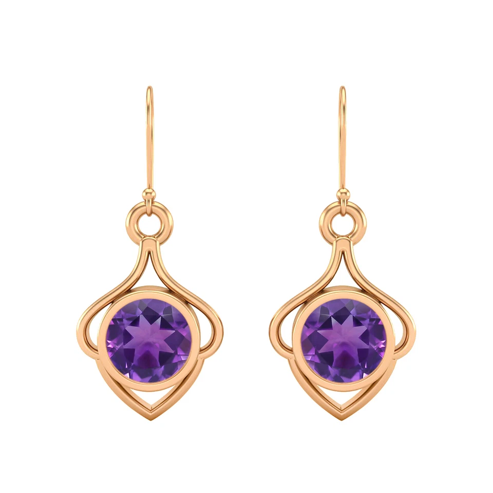 6MM Round Shape Amethyst Gemstone 14k Rose Gold Wire Dainty Earrings For Women - Image 1 of 1