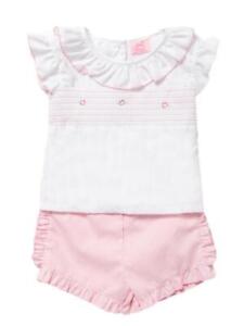 Baby Girls summer white  pink 2 piece smocked blouse & shorts set 0-3 to 24mths