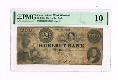 CONNECTICUT  - HURLBUT Bank $2   - Haxby CT 465-G20 - PMG 10  GOOD- Very RARE! - Image 1 of 2