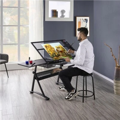 Adjustable Glass Drafting Table with 2 Drawer Art Craft Drawing Board with Stool - Image 1 of 4