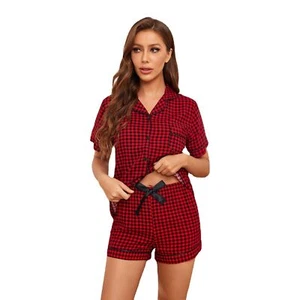 Bekleidungsset Pyjama Damen Sommer Kariert Shirt Kurzarm Shorts Home - Bild 1 von 7