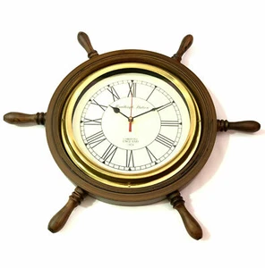 18" Decorative Wooden Ship Wheel Wall Clock Antique Nautical Hanging Clock - Picture 1 of 4