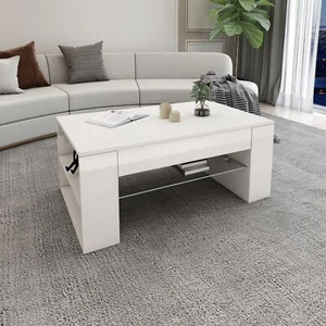 Mesa de centro blanca con balda de vidrio mueble auxiliar de salón 100x42x60 cm - Imagen 1 de 5